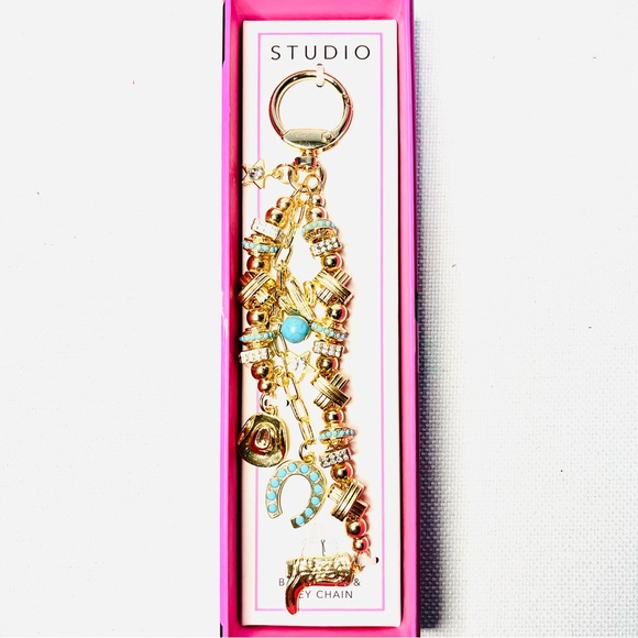 Studio Accessories - Studio Gold and Blue Bag Charm Key Holder Western Charms - New Boxed